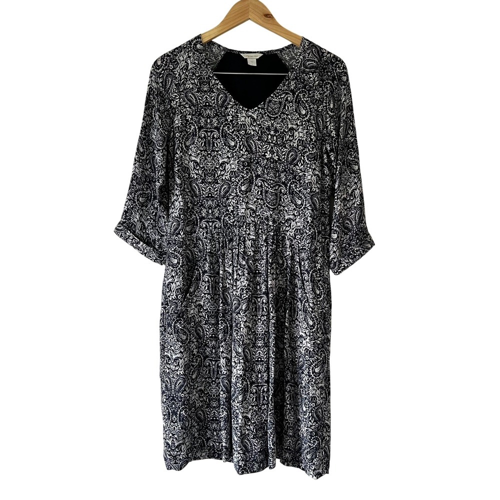 Garnet Hill Bohemian Pocket-Detail Dress Size 2 Navy Paisley Print‎ 3/4 Sleeve
